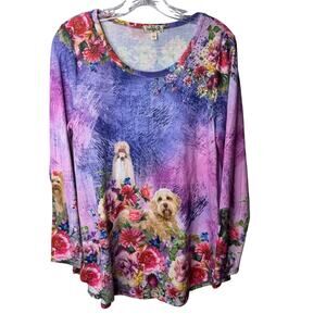 One World Live Love Live Top Size L Dogs‎ Floral Print Long Sleeve Scoop Neck